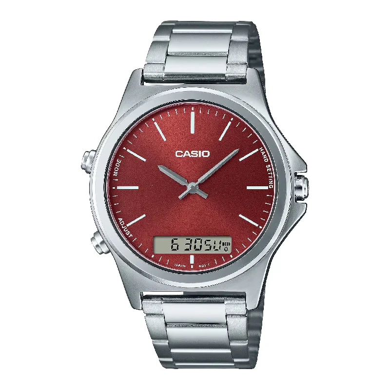 Waterproof Diving Watches with Rotating BezelCasio Minimalist Dual Timer Red Dial Stainless Steel Watch  | MTP-VC01D-5EUDF